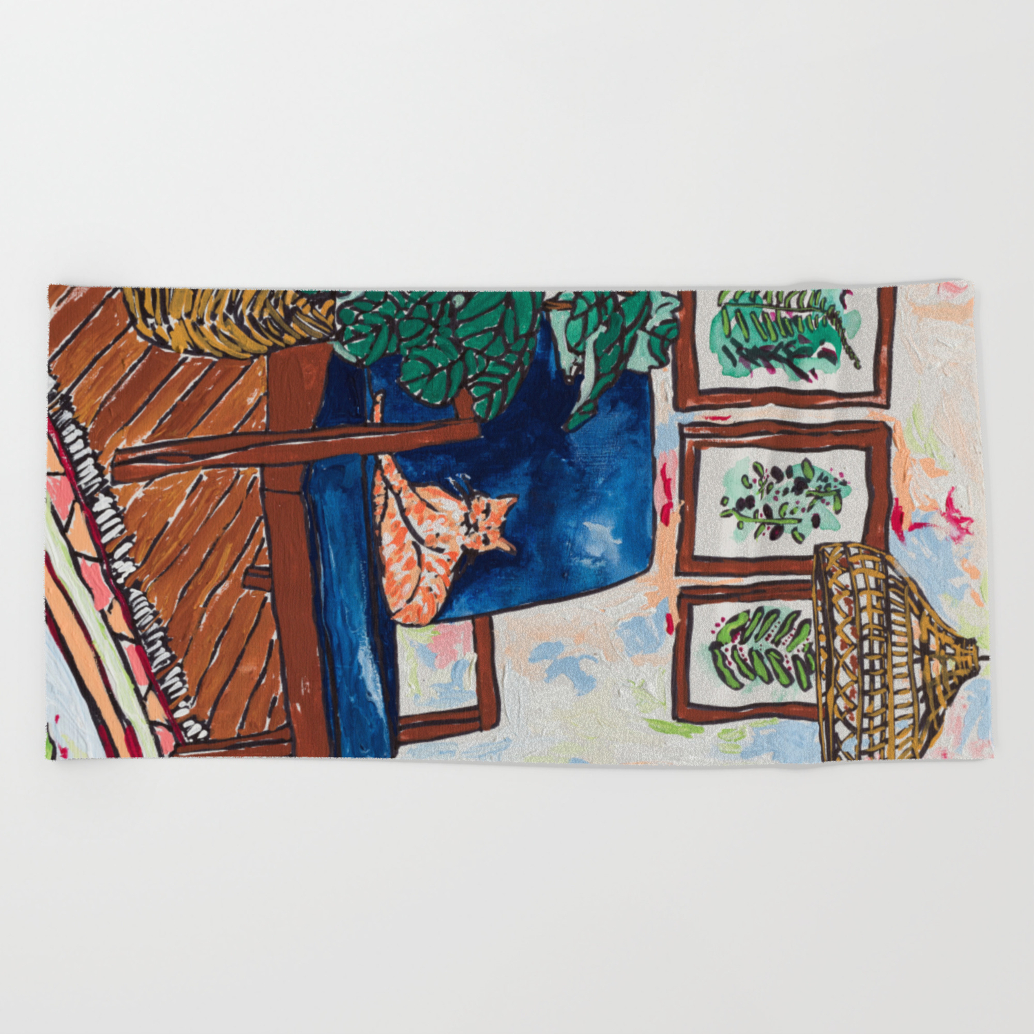 Ginger Cat On Blue Mid Century Chair Painting Beach Towel By Larameintjes Society6
