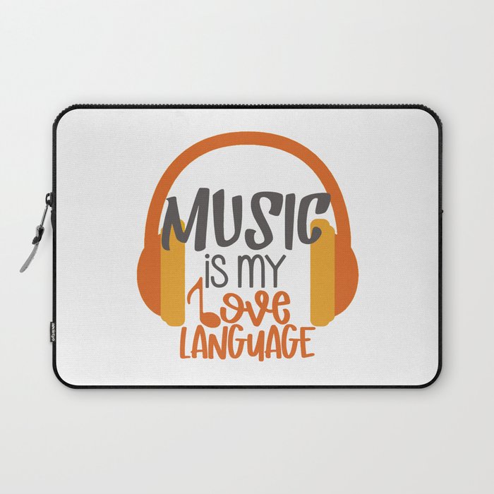 music is my love language- typography and headphones in orange yellow and dark gray Laptop Sleeve