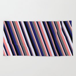[ Thumbnail: Eye-catching Lavender, Light Coral, Dim Gray, Midnight Blue & Black Colored Striped/Lined Pattern Beach Towel ]