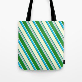 [ Thumbnail: Light Yellow, Deep Sky Blue, Forest Green & Grey Colored Stripes Pattern Tote Bag ]