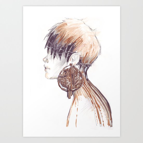 Fashion illustration profile portrait gold black white markers and watercolors Art Print