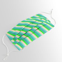 [ Thumbnail: Turquoise, Light Sea Green, Lime & Bisque Colored Stripes/Lines Pattern Face Mask ]