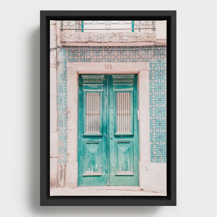 Colorful Tile Door Lisbon Portugal Teal & Blue Travel Photography Framed Canvas