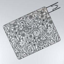 COLORING BOOK GARDEN SNAKES FLORAL DOODLE TROPICAL in BLACK AND WHITE Picnic Blanket