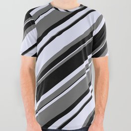 [ Thumbnail: Dim Gray, Black & Lavender Colored Stripes Pattern All Over Graphic Tee ]