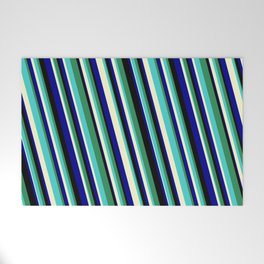 [ Thumbnail: Eyecatching Sea Green, Turquoise, Light Yellow, Dark Blue, and Black Colored Stripes/Lines Pattern Welcome Mat ]
