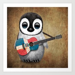 Baby Penguin Playing Dominican Flag Acoustic Guitar Art Print | Dominicanmusic, Penguinplayingdominicanflagguitar, Dominicanflag, Dominicanguitar, Dominicanpride, Music, Vintage, Dominicanflagguitar, Penguin, Graphicdesign 