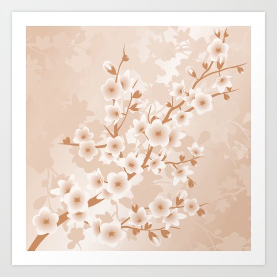 Floral Cherry Blossoms Beige Art Print