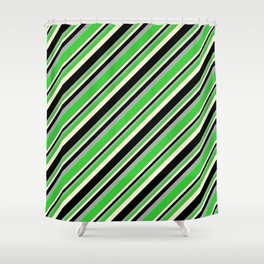 [ Thumbnail: Dark Grey, Lime Green, Light Yellow, and Black Colored Pattern of Stripes Shower Curtain ]