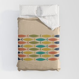 Midcentury Modern Multicolor Fish Stripe Pattern in Olive, Mustard, Orange, Teal, Beige Duvet Cover