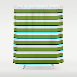 [ Thumbnail: Black, Aqua, Lavender & Green Colored Stripes Pattern Shower Curtain ]