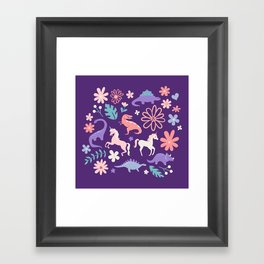Dinosaurs and Unicorns on Purple Framed Art Print
