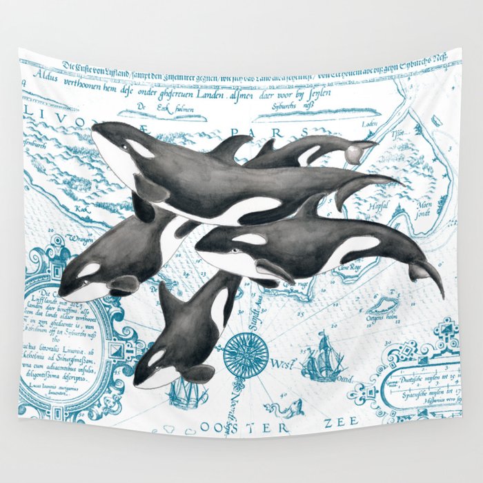 Orca Whales Family Blue Vintage Map Wall Tapestry