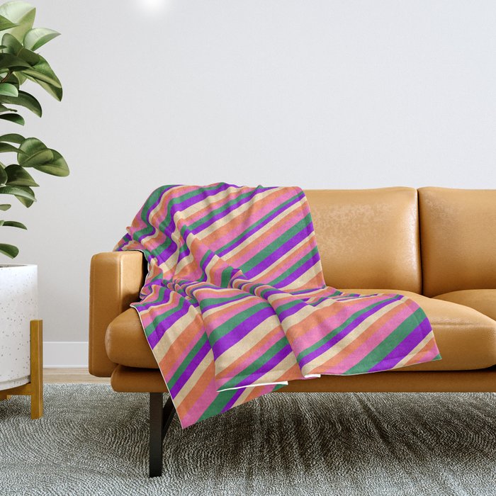 Eyecatching Coral, Hot Pink, Sea Green, Dark Violet, and Tan Colored Pattern of Stripes Throw Blanket