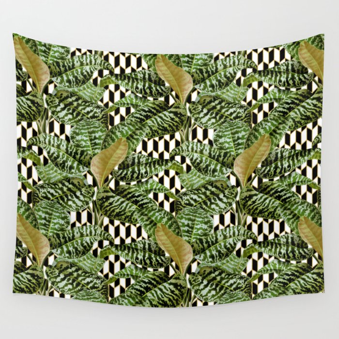 Geometric Tropical Plant Pattern - Black White Gold Wall Tapestry