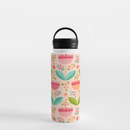 Hand Drawn Folk Art Floral with Woodgrain texture on Soft Apricot Water Bottle