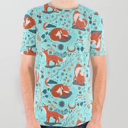 Foxes in the Garden - Aqua Blue All Over Graphic Tee