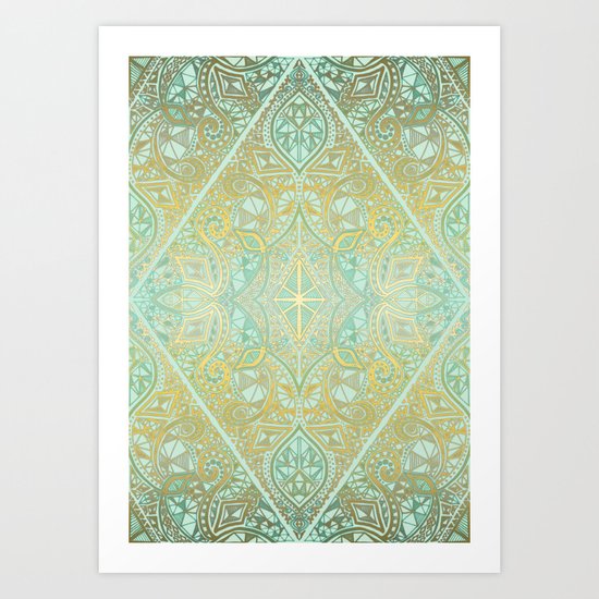 Mint & Gold Effect Diamond Doodle Pattern Art Print