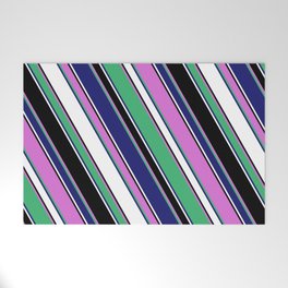 [ Thumbnail: Vibrant Orchid, Sea Green, Midnight Blue, White & Black Colored Lines Pattern Welcome Mat ]