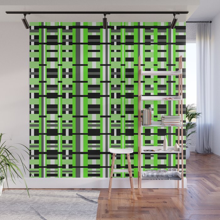 Plaid in Lime Green, Black & Gray Wall Mural