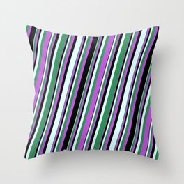 [ Thumbnail: Orchid, Black, Light Cyan, and Sea Green Colored Lined/Striped Pattern Throw Pillow ]