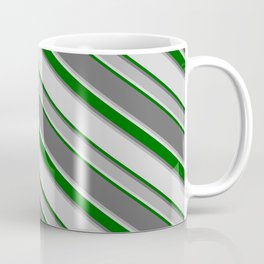 [ Thumbnail: Dim Grey, Dark Grey, Light Gray, and Dark Green Colored Stripes/Lines Pattern Coffee Mug ]