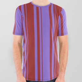 [ Thumbnail: Purple and Brown Colored Lines Pattern All Over Graphic Tee ]
