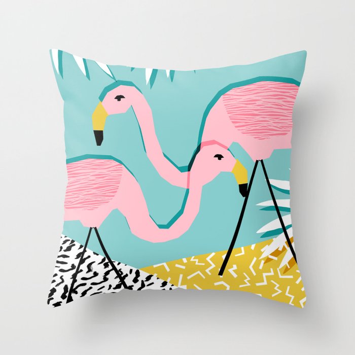 Bro - wacka design memphis throwback minimal retro hipster 1980s 80s neon pop art flamingo lawn Throw Pillow