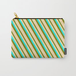 [ Thumbnail: Cyan, Green, and Tan Colored Striped Pattern Carry-All Pouch ]