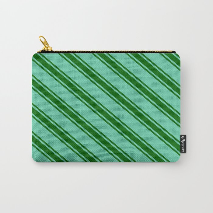 Aquamarine & Dark Green Colored Stripes/Lines Pattern Carry-All Pouch