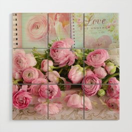 Shabby Chic Cottage Pink Floral Ranunculus Peonies Roses Print Home Decor Wood Wall Art