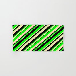 [ Thumbnail: Beige, Black & Lime Colored Lined/Striped Pattern Hand & Bath Towel ]