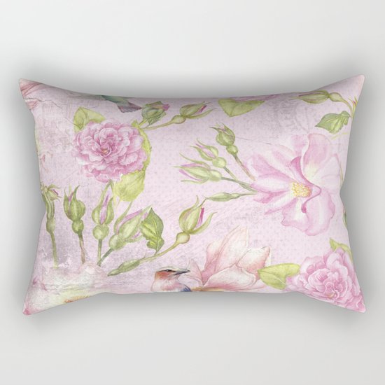 Floral painterly background in pink with Roses Flowers and Birds Rectangular Pillow