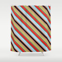 [ Thumbnail: Dark Khaki, Black, Light Blue & Red Colored Pattern of Stripes Shower Curtain ]