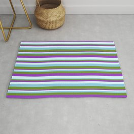 [ Thumbnail: Sky Blue, Green, Dark Orchid, and Light Cyan Colored Striped Pattern Rug ]