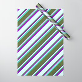 [ Thumbnail: Turquoise, Dark Olive Green, Dark Violet & Light Cyan Colored Striped/Lined Pattern Wrapping Paper ]