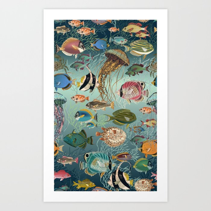 Ocean fishes blue gradient Art Print