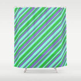 [ Thumbnail: Aquamarine, Lime Green, and Purple Colored Striped/Lined Pattern Shower Curtain ]