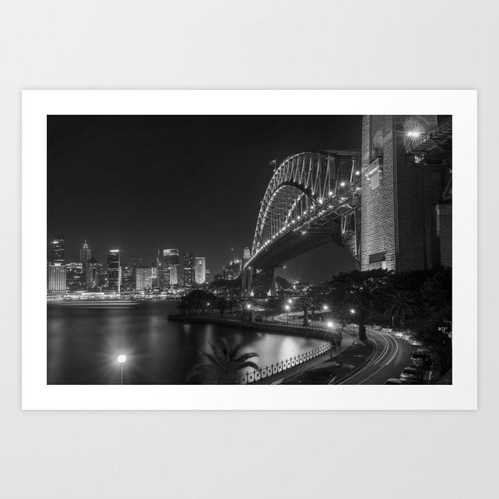 Sydney Harbor, Australia night cityscape black and white photograph / black and white photography by Lenny K. Photography Art Print