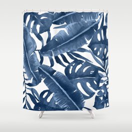 Blue watercolor tropical palm leaves  Shower Curtain
