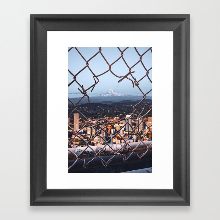Portland Oregon and Mount Hood Through the Fence Framed Art Print
