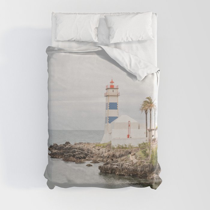 The Lighthouse in Cascais Photo | Moody Day by the Sea in Portugal Art Print | Coastal Travel Photography Duvet Cover