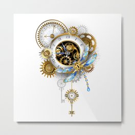Steampunk Dragonfly with Clock Metal Print