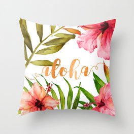 Aloha Watercolor Tropical Hawaiian leaves and flowers Throw Pillow