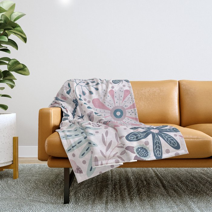 Whimsical Playful Flower Garden, Floral Prints Pink and Teal Throw Blanket
