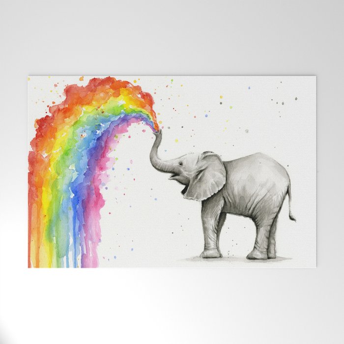 Baby Elephant Spraying Rainbow Welcome Mat