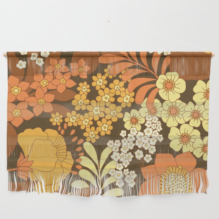 Brown, Yellow, Orange & Ivory Retro Flowers Wall Hanging