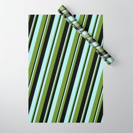 [ Thumbnail: Turquoise, Green & Black Colored Lines/Stripes Pattern Wrapping Paper ]