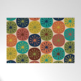 Atomic Dots Pattern in Mid Mod Teal, Orange, Olive, Blue, Mustard, and Beige Welcome Mat