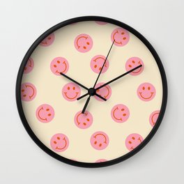 70s Retro Smiley Face Pattern in Beige & Pink Wall Clock